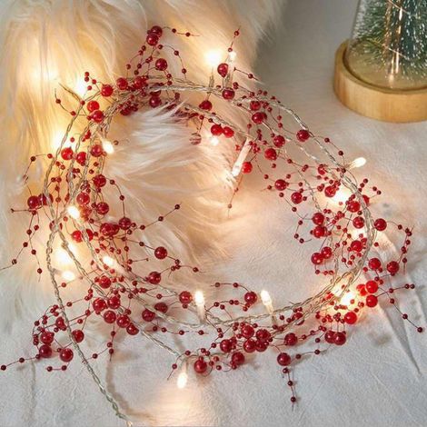 Guirlande lumineuse LED de Noël avec perles rouges et blanches, 20 LED, 2 m, motif baies de Noël, fonctionne sur piles, idéale pour les décorations de Noël et de mariage, rouge