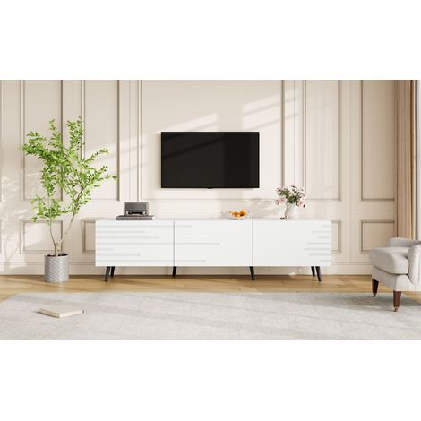 Meuble TV de 180 x 40 x 48 cm avec 3 portes battantes, meuble TV bas, meuble de salon, design imprimé, blanc, adapté aux téléviseurs d’environ 80 pouces, grand espace de rangement, en MDF. (1/5)