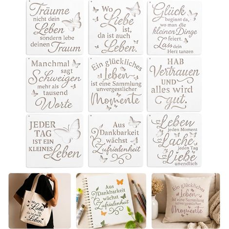 9 Pièces Pochoirs Avec Citations, Stencils Inspirants, 10x10cm, Pour Peinture, Craie, Bois, Mur, Cartes, Bricolage, Réutilisable, 9 Designs, Stable, Léger (1/5)