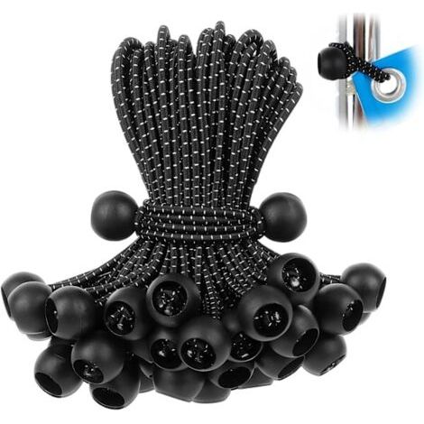 Lot de 50 boules élastiques, cordon noir résistant aux UV, pour sangles, tentes, poteaux et câbles NOIR BLANC (10 cm (1/5)