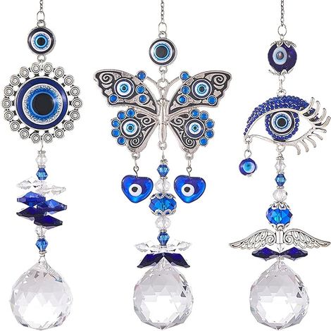 Lot de 3 attrape-soleil œil protecteur avec boules de cristal prismatiques à suspendre à la fenêtre. Décoration attrape-soleil yeux bleus, pendentif arc-en-ciel, ornement pour la maison et le jardin, (1/5)