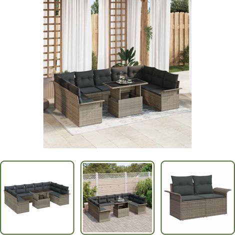vidaXL Salle à manger extérieur - Ensemble de canapé de jardin 10 pcs Gris Poly rotin (1/5)