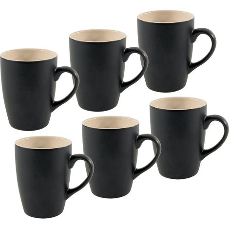 Porzellan Kaffeetasse 6er Set 340 ml - schwarz matt / beige - Kaffeenecher Teetasse mit Henkel