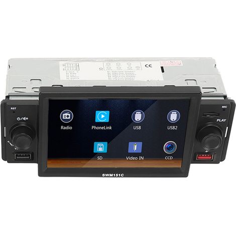 Autoradio simple DIN avec écran tactile 5 pouces, caméra de recul, Bluetooth 5.1 et MirrorLink, lecteur MP5 intégré.