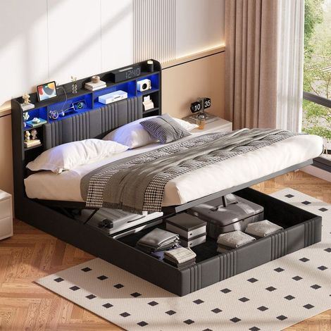 Letto contenitore - Queen Size 160x200 - Tessuto lino grigio antracite - LED RGB + stazione di ricarica - Contenitore idraulico 300 kg