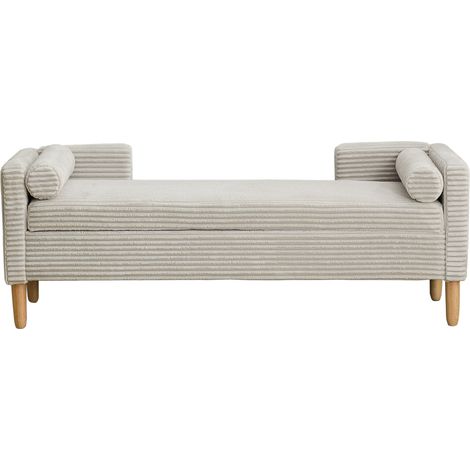 Tabouret de rangement en velours côtelé avec accoudoirs, dossier et deux coussins ronds – pour salon, entrée et chambre, gris
