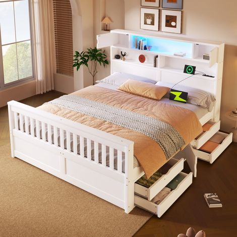 Lit double 160x200 cm blanc à structure plateforme, étagères, 4 tiroirs de rangement, éclairage LED et port USB intégré (sans Matelas)