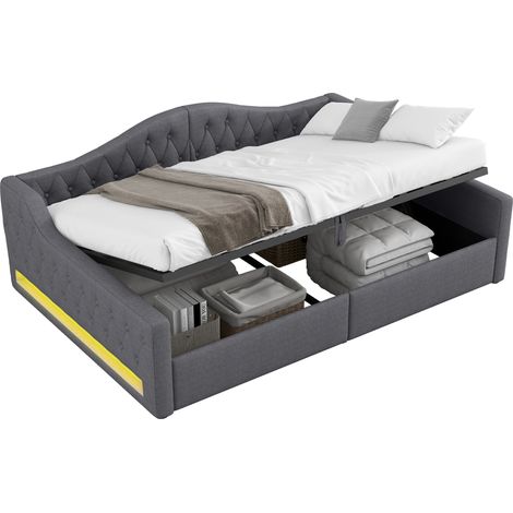 Tagesbett 140 x 200 cm aus MDF mit Bettkasten, Verstellbarer LED und Gepolstertem Kopfteil, Ohne Matratze, Grau (1/5)