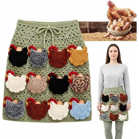 BelleRise - Tablier de ramassage d'œufs au crochet avec poches pour poules - Tablier fait main pour ramasser les œufs frais du jardin (1/5)
