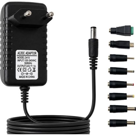 Alimentatore universale da 24 V 1 A, convertitore da CA a CC con 8 punte intercambiabili, certificato CE, per strisce LED, telecamere di videosorveglianza, router e altri dispositivi compatibili. (1/5)