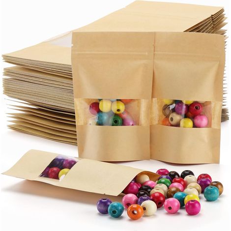 100PCS Kraft Paper Food Bags, Resealable Bags, Airtight Bags, Paper Food Packaging Bags with Transparent Window for Nuts, Coffee Beans, 12x20CM (1/5)