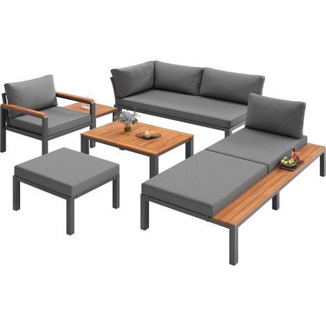 Gartenlounge Set Grau, Modulare Gartenmöbel mit Tisch, Outdoor Sitzgruppe für Terrasse Balkon Poolbereich, Metallrahmen