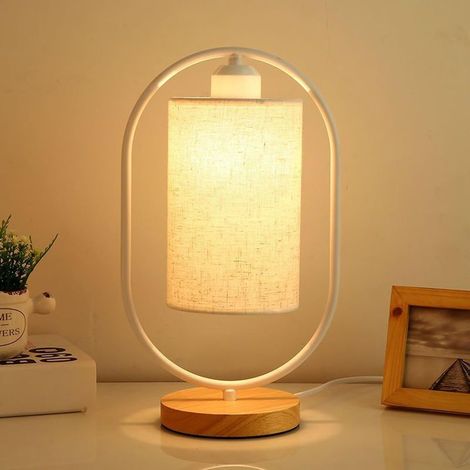Lampe de table moderne avec interrupteur, abat - jour en lin lampe de table en métal table de nuit en bois lampe de nuit pour salon, bureau, chambre à coucher (Blanc) (1/5)