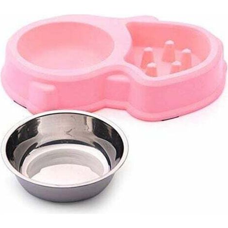 Double Food and Water Bowl Set with 1 Stainless Steel Bowl and 1 Slow Feeder Bowl for Cats and Small Dogs (Pink) (1/5)
