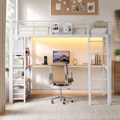 Litera para adulto 140 x 200 cm con escritorio integrado, metal blanco HAVRYA (1/5)