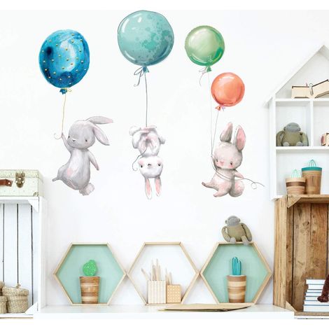 Stickers muraux chambre bébé enfants – style aquarelle animaux dessin animé ballon lapin – décoration murale vinyle neutre, facile à poser et retirer, garçon ou fille (1/5)