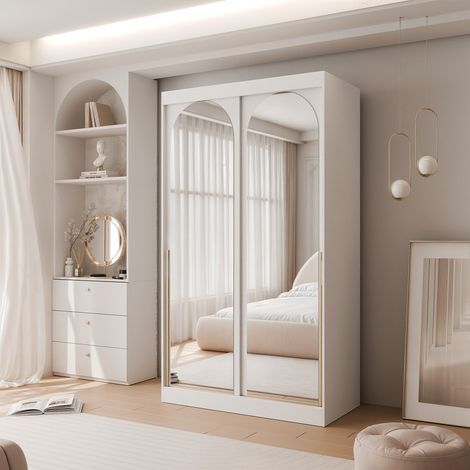 Armoire CLARITY - 7 compartiments - avec miroir - 120x65x215 cm - Poignées blanches / or (1/5)