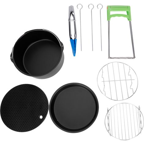 Ortviai Accessoire pour friteuse électrique 7 pouces – Lot de 7 pièces (moule à gâteau, plaque à pizza, tapis en silicone, grille, brochettes, lèche-vaisselle, pince anti-brûlure) (1/4)