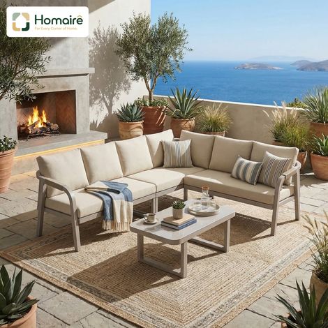 HOMAIRE Gartenmöbel-Set Eckstellung für 6 Personen mit geflochtenen Lehnen, verzinkten Stahlrohren, Ecksofa, Couchtisch in Beige