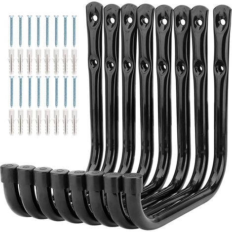 Garage Ladder Storage Hooks - 6.7" Wall Mounted Rack for Bike, Ladder, Folding Chairs and Bulky Items (17cm x 17cm) Black (1/3)