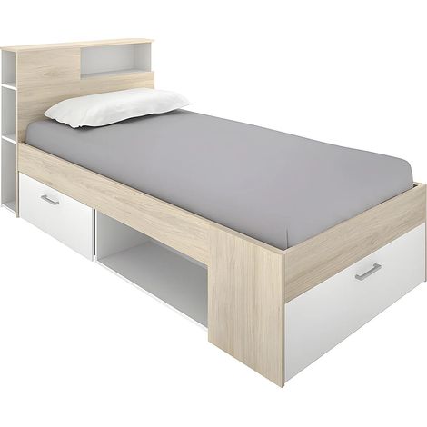 Vente-Unique – Lit adulte 90 x 190 cm avec tête de lit et rangement – 1 tiroir, 5 niches, coffre – Blanc et naturel – Éco-responsable (1/5)