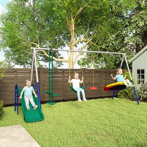 Balançoire Portique 5 en 1 avec Toboggan, Charge 350 kg, Jeu Extérieur, Multicolore (1/5)