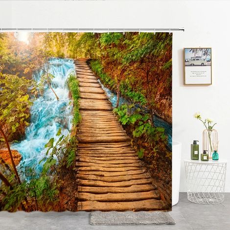 Rideau de douche imprimé en 3D, motif forêt, 180 x 200 cm, imperméable et lavable, avec crochets, L 240 x H 180 cm