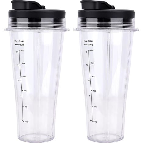 Lot de 2 gobelets de rechange avec couvercles pour mixeur Ninja, 710ML Blender Bol en Verre Pièces de Rechange de Tasse pour mixeur Ninja BN750EU BN800EU BN495EU CB350EU CB150EU CB100EU (1/5)