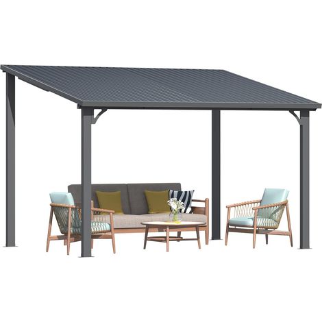 YODOLLA 2.4x3.6m Metal Lean-to Gazebo, Wall-Mounted Iron Hardtop Roof Pergola for Patio