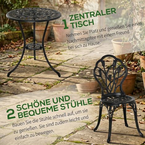 Ensemble de jardin pour 2 personnes, mobilier de terrasse : 1 table ronde + 2 fauteuils, aluminium, teinte noire (1/4)