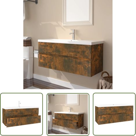 The Living Store Meuble lavabo avec bassin intégré Chêne fumé Bois d'ingénierie - Meuble Lavabo - Meuble Salle De Bain - Vasque Intégrée - Rangement Salle De Bain - Design Moderne (1/5)