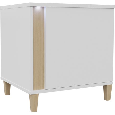 Table de chevet Livseri 111, Blanc + Blanc brillant + Clair bois, Nombre de tiroirs: 0, Le nombre de portes: 1, 50x52x40cm, Stratifié, LED (1/3)