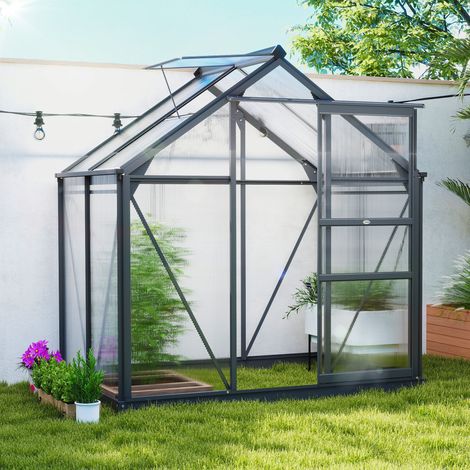 Outsunny Polycarbonat-Gewächshaus 190 x 132 x 201 cm UV-beständig 30+ Verstärktes Fundament Regenrinne Grau