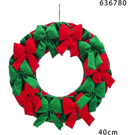 TRADE SHOP - Ghirlanda Corona Di Fiocchi Da 40cm Decorazione Natalizia Da Appendere Porta Casa Feste - Rosso e verde (1/2)