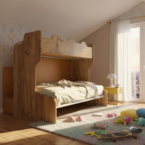 Letto a castello salvaspazio con scala contenitore - 1 Piazza e mezza + singolo - Quercia e zolfo