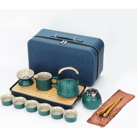 Théière avec infuseur en porcelaine - Théière de voyage chinois et 6 tasses - Service à thé en corde de chanvre - Pour thé en vrac - Vert (1/5)