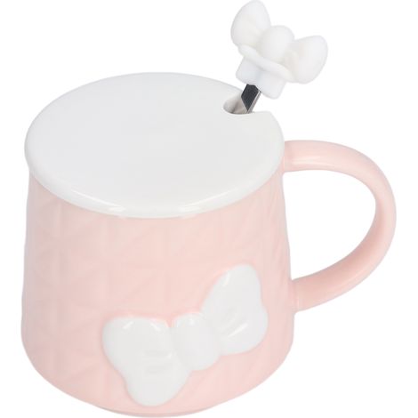 Mug en Céramique 400ml avec Cuillère en Acier Inoxydable et Couvercle - Idée Cadeau pour la Maison ou les Vacances - Rose à Nœud Papillon (1/5)
