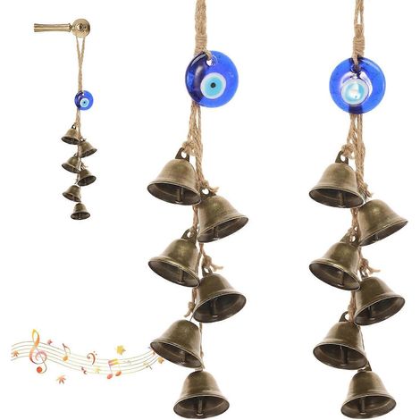 Lot de 2 clochettes sorcière en bronze vintage faites main, décoration à suspendre pour poignée de porte, œil maléfique, chasse énergies négatives (1/5)