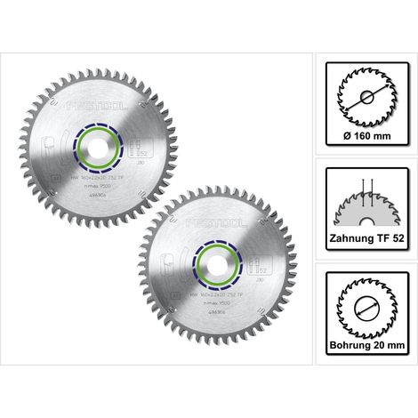 Festool Spezial Kreissägeblatt Set 2x HW 160 x 20 x 2,2 mm TF52  ( 2x 496306 ) 160 mm 52 Zähne