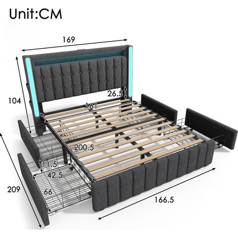 Lit double 160x200 cm avec rangement, cadre rembourré gris, éclairage LED, 4 tiroirs, chargeur USB-C intégré, sommier à lattes en bois, lit junior sans matelas (1/5)