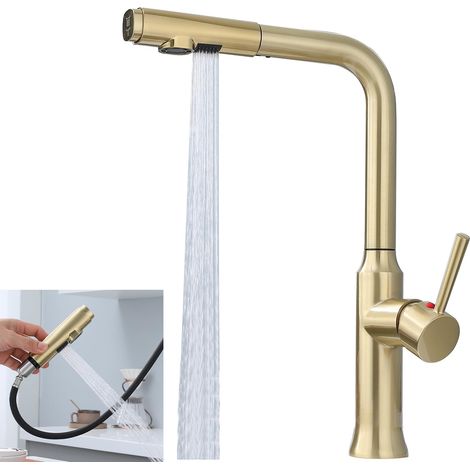 Extendable doré robinet cuisine avec 2 modes de pulvérisation, douchette cuisine évier mélangeur brossé doré (1/5)