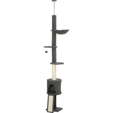 PawHut Albero Tiragraffi a Soffitto Alto 220-240 cm con Amaca e Casetta Grigio