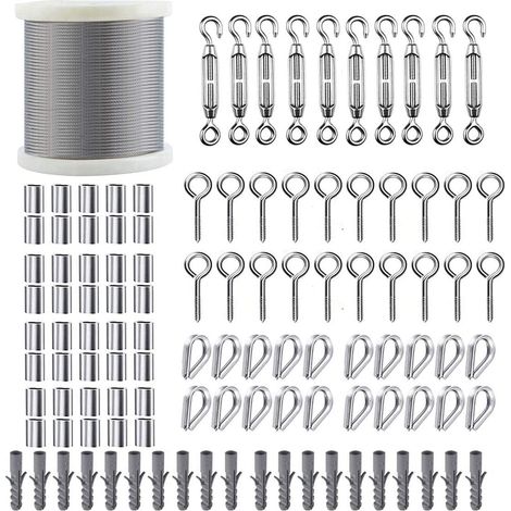 Steel Cable 2 mm/60 m Metal Cable with M5 Turnbuckle Cable, Eyelets Hooks, 2 mm PVC Coated 304 Stainless Steel Cable, Outdoor Climbing Plant Support, Hanging Fencing (1/5)