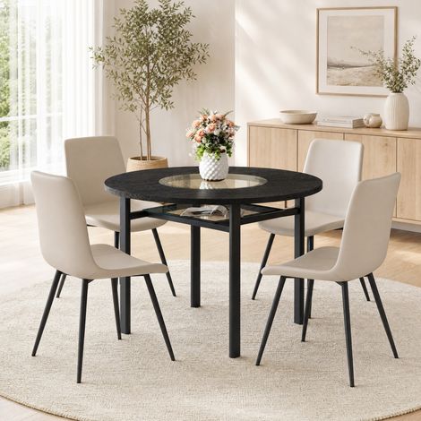 Essgruppe mit rundem Esstisch Ø 100 cm und 4 PU-Stühlen, MDF, Glas, Schwarz/Warmgrau (1/5)