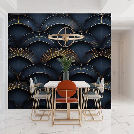 Papier peint geometrique ecailles sombres et dorees 1 - 400 x 260 cm (1/2)