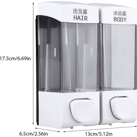 Distributeur de savon mural manuel, flacon double en plastique pour savon pour les mains, shampoing et gel douche. (1/5)