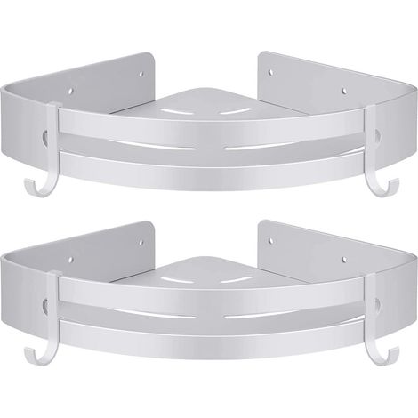 Etagère Douche D'Angle Sans Perçage Rangement Salle De Bain Douche Accessoire Salle De Bain Support Douche Aucun Antirouille En Aluminium Lot De 2 Blanc Avec Crochets (1/5)