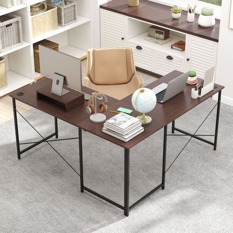 Bureau en Forme de L Réversible de 150 cm avec Prise Intégrée Support Amovible pour Hôte/Écran Trous de Gestion des Câbles Café (1/3)