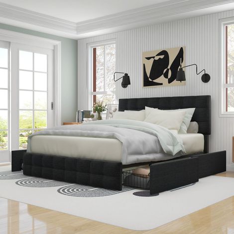 Lit coffre 140x200 cm noir avec 4 tiroirs, tête de lit réglable, structure métallique et tissu lin (1/5)