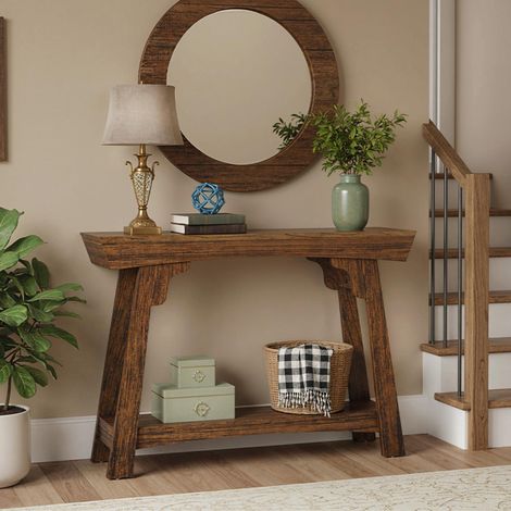 Table Console en Bois, 105×30×85cm, 2 niveaux en bois avec étagère, pour l'Entry, Couloir, Salon, Foyer, Marron
